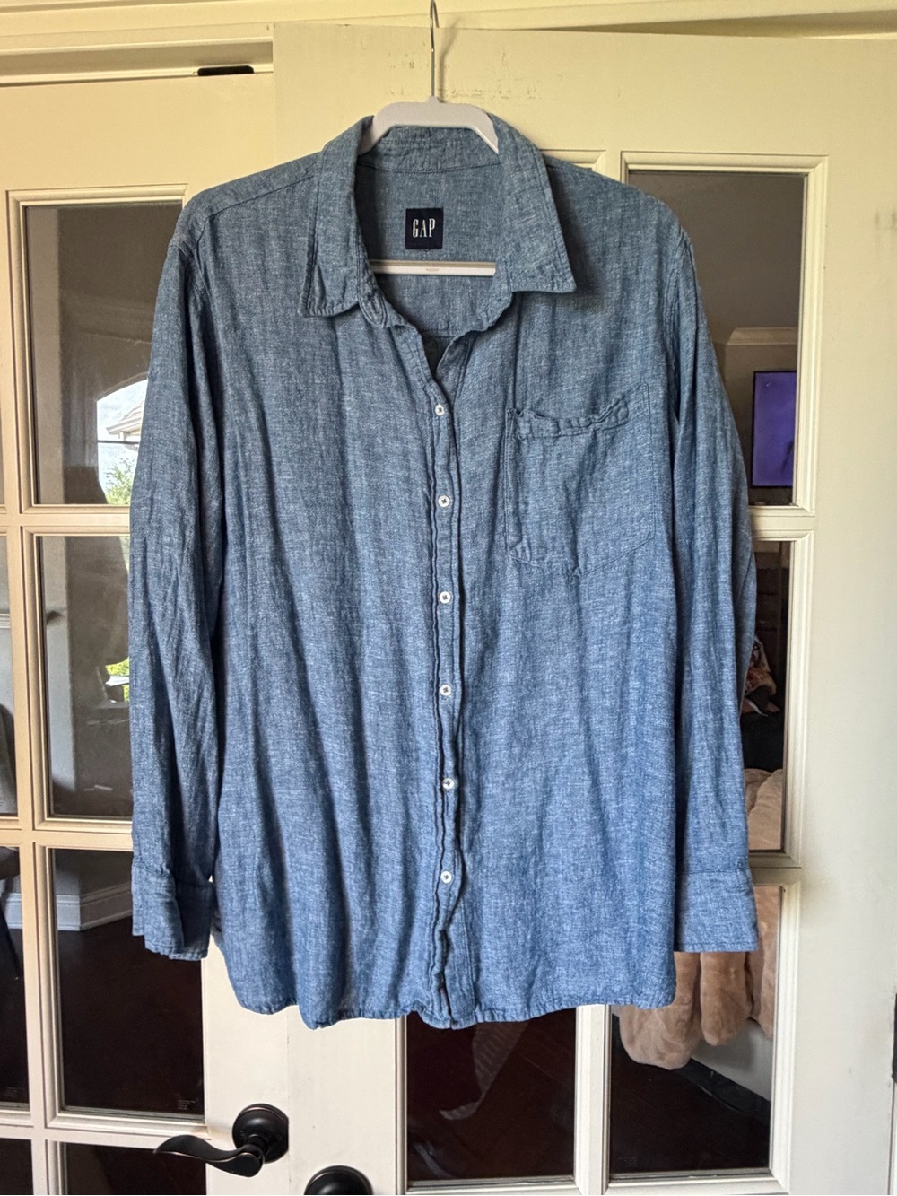 GAP Linen Blend Chambray Button Front Shirt Blue Long Sleeve Pocket Women’s XL
